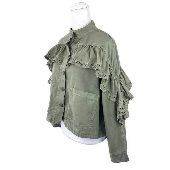 The Great eyelet army utility military jacket ruffle cropped olive green XS/0 - Picture 14 of 16